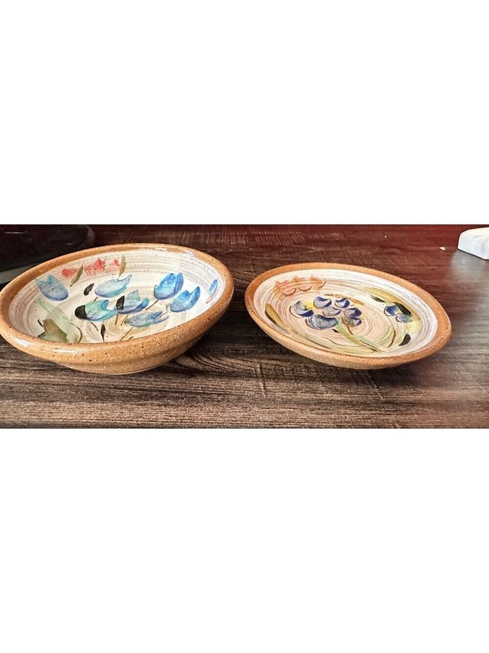 Signed Handmade Ceramic Bowls Set of 2 Blue Floral Pottery Stoneware Dinnerware - Picture 2 of 10